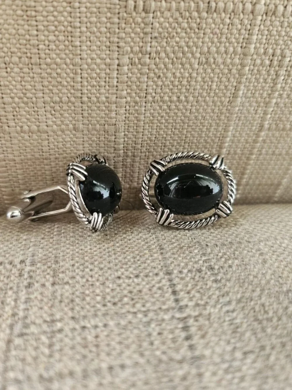Vintage Swank Cufflinks Silver Tone Black Faux Stone Fashion Jewelry Cuff links